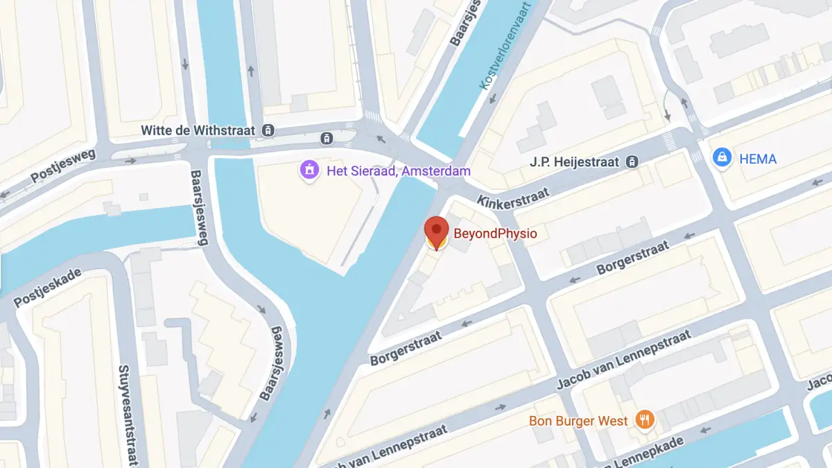 Grote kaart met de locatie van BeyondPhysio aan de Tweede Kostverlorenkade in Amsterdam West